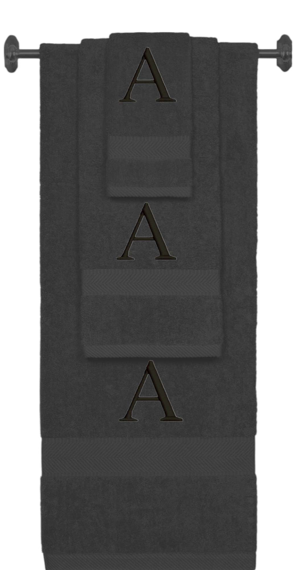 Charcoal monogrammed towel set with Black thread, Times New Roman font, initial A - 540 GSM cotton 3-piece