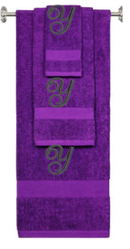 Purple monogrammed towel set with Black thread, Diana Script font, initial X - 540 GSM cotton 3-piece