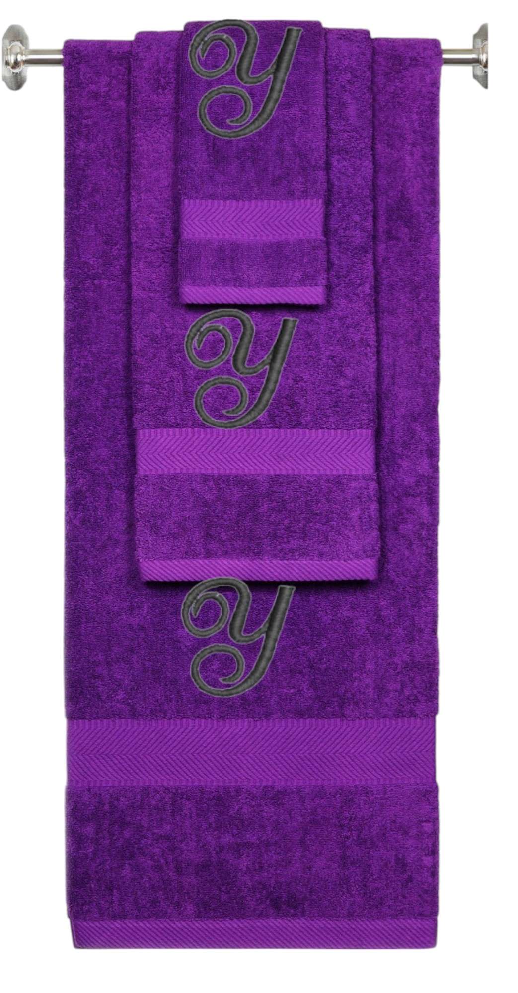 Purple monogrammed towel set with Black thread, Diana Script font, initial X - 540 GSM cotton 3-piece