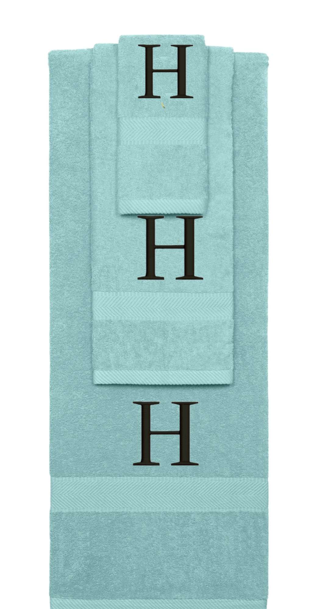 Nautical Teal monogrammed towel set with Black thread, Times New Roman font, initial L - 540 GSM cotton 3-piece