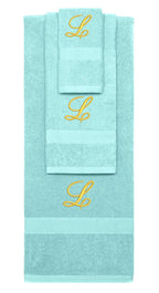 Nautical Teal monogrammed towel set with Gold thread, Diana Script font, initial L - 540 GSM cotton 3-piece