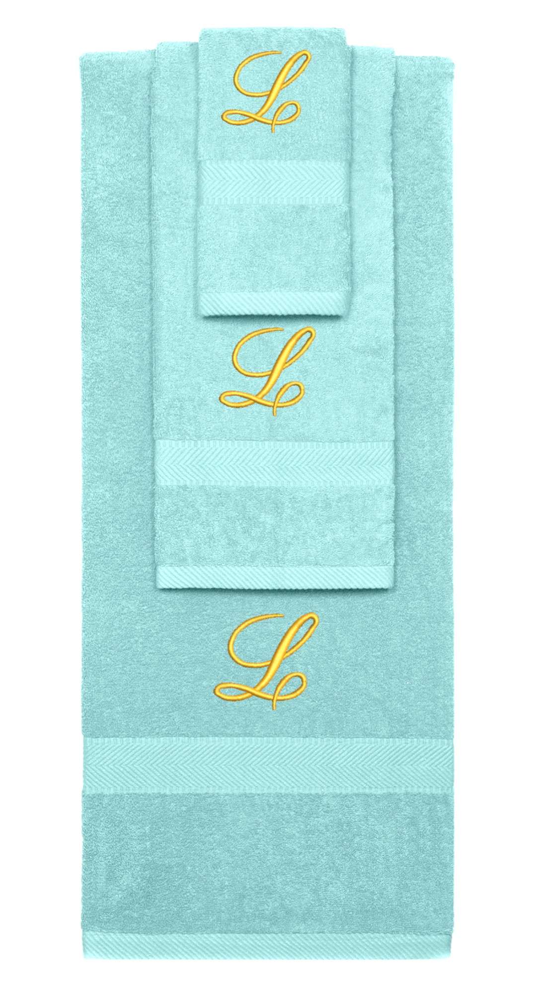 Nautical Teal monogrammed towel set with Gold thread, Diana Script font, initial L - 540 GSM cotton 3-piece