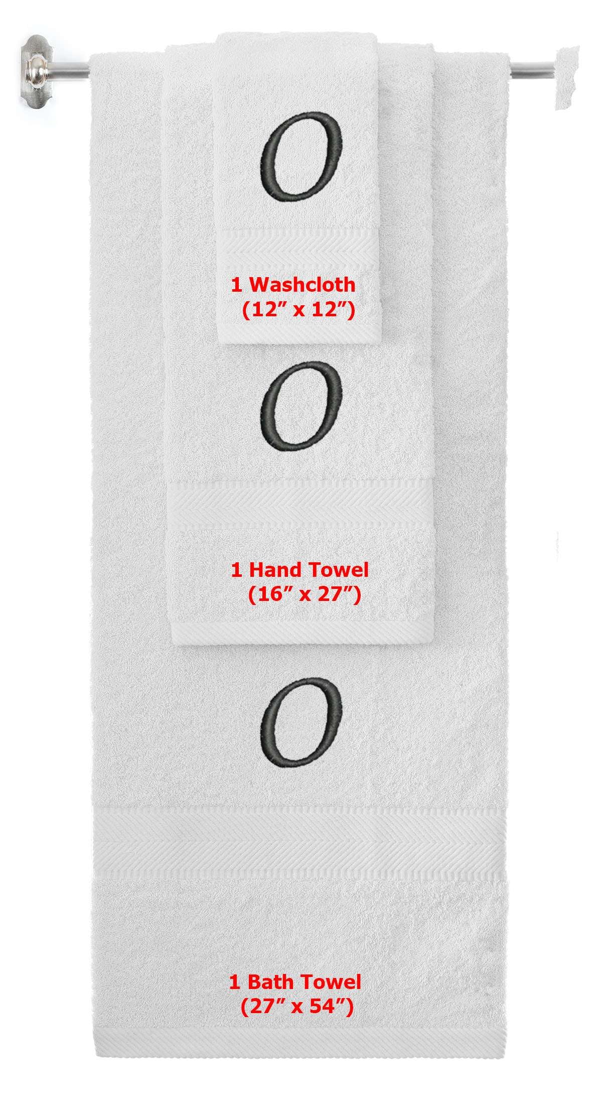 White monogrammed towel set with Black thread, Chancery font, initial O - 540 GSM cotton 3-piece