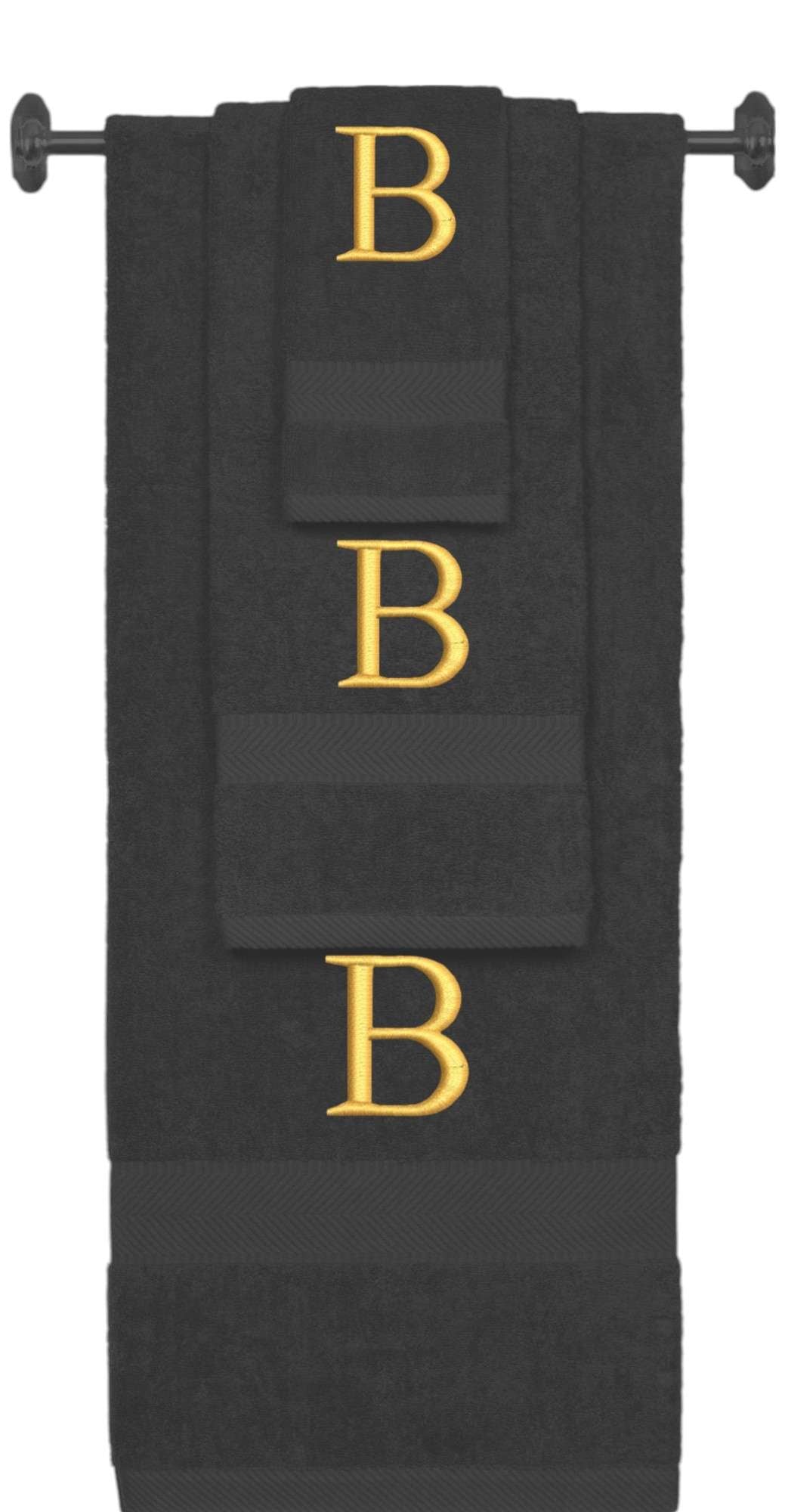 Charcoal monogrammed towel set with Gold thread, Times New Roman font, initial B - 540 GSM cotton 3-piece