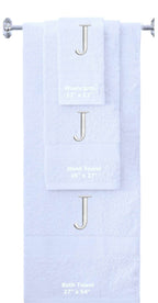White monogrammed towel set with Silver thread, Times New Roman font, initial J - 540 GSM cotton 3-piece