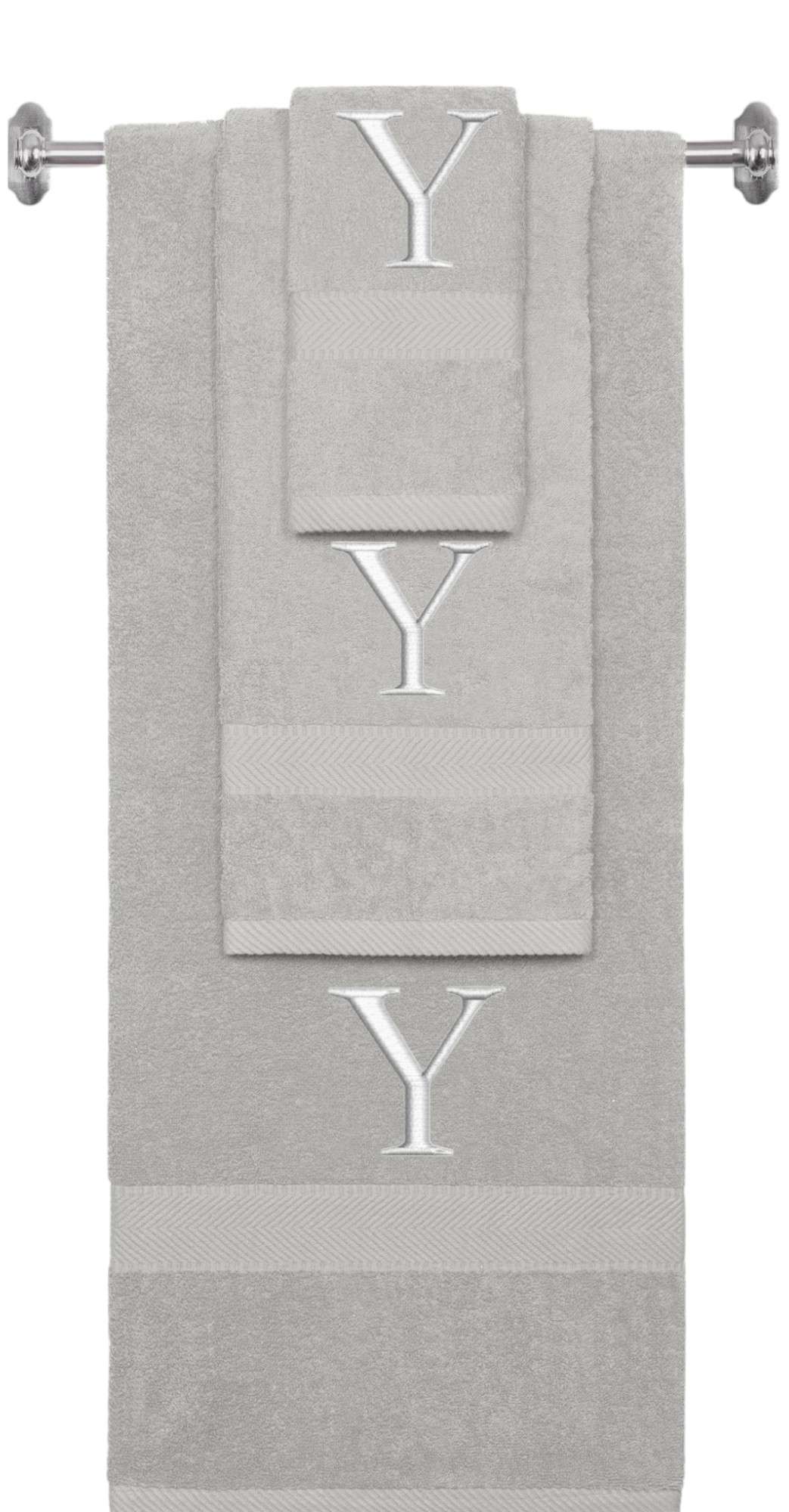 Silver monogrammed towel set with Silver thread, Times New Roman font, initial Y - 540 GSM cotton 3-piece