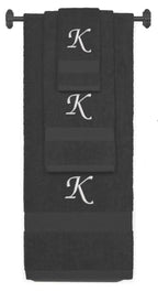 Charcoal monogrammed towel set with Silver thread, Chancery font, initial K - 540 GSM cotton 3-piece