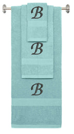 Nautical Teal monogrammed towel set with Black thread, Chancery font, initial B - 540 GSM cotton 3-piece