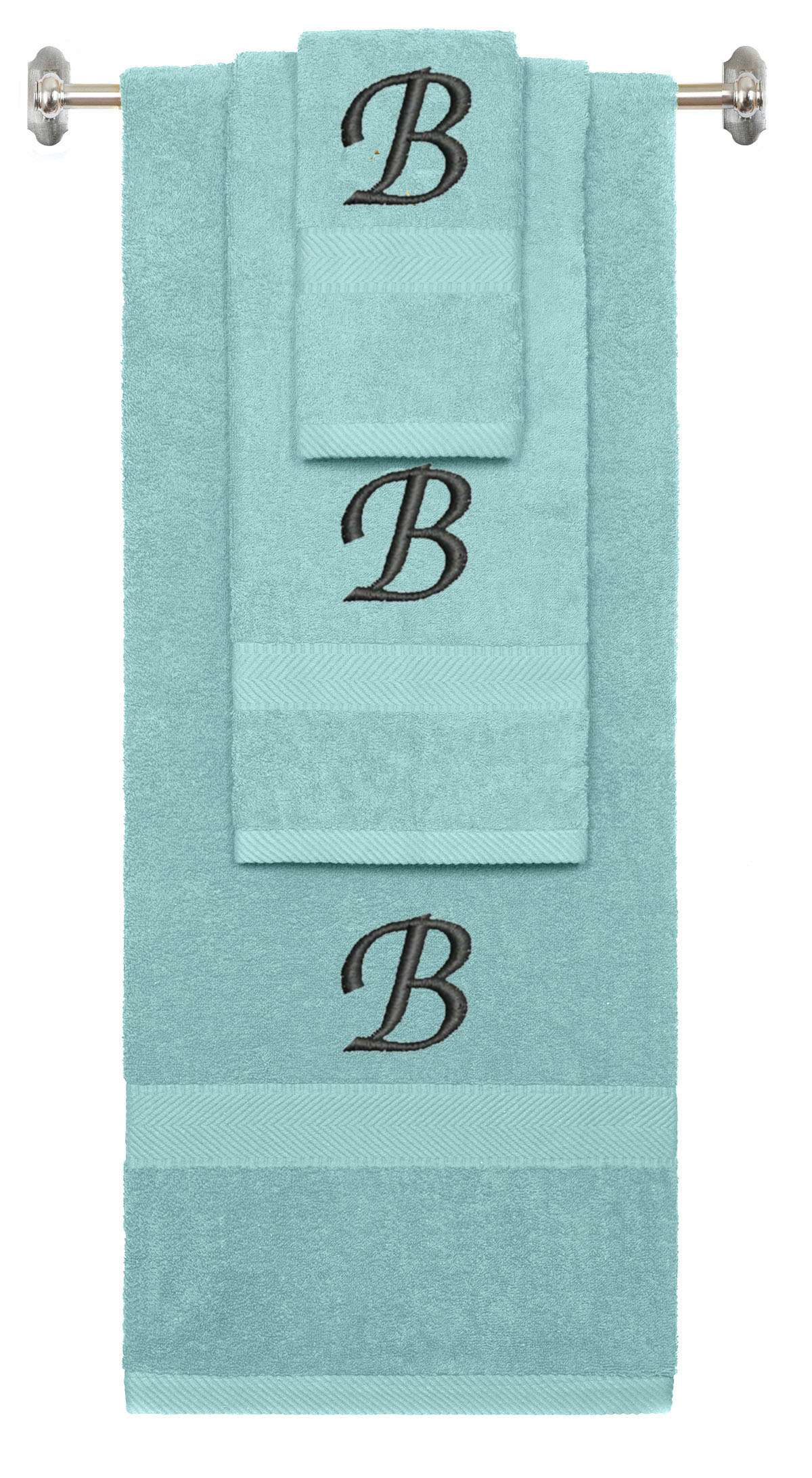 Nautical Teal monogrammed towel set with Black thread, Chancery font, initial B - 540 GSM cotton 3-piece