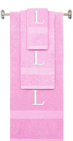 Purple monogrammed towel set with Black thread, Times New Roman font, initial L - 540 GSM cotton 3-piece