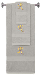 Silver monogrammed towel set with Gold thread, Chancery font, initial R - 540 GSM cotton 3-piece