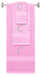 Pink monogrammed towel set with Silver thread, Chancery font, initial C - 540 GSM cotton 3-piece