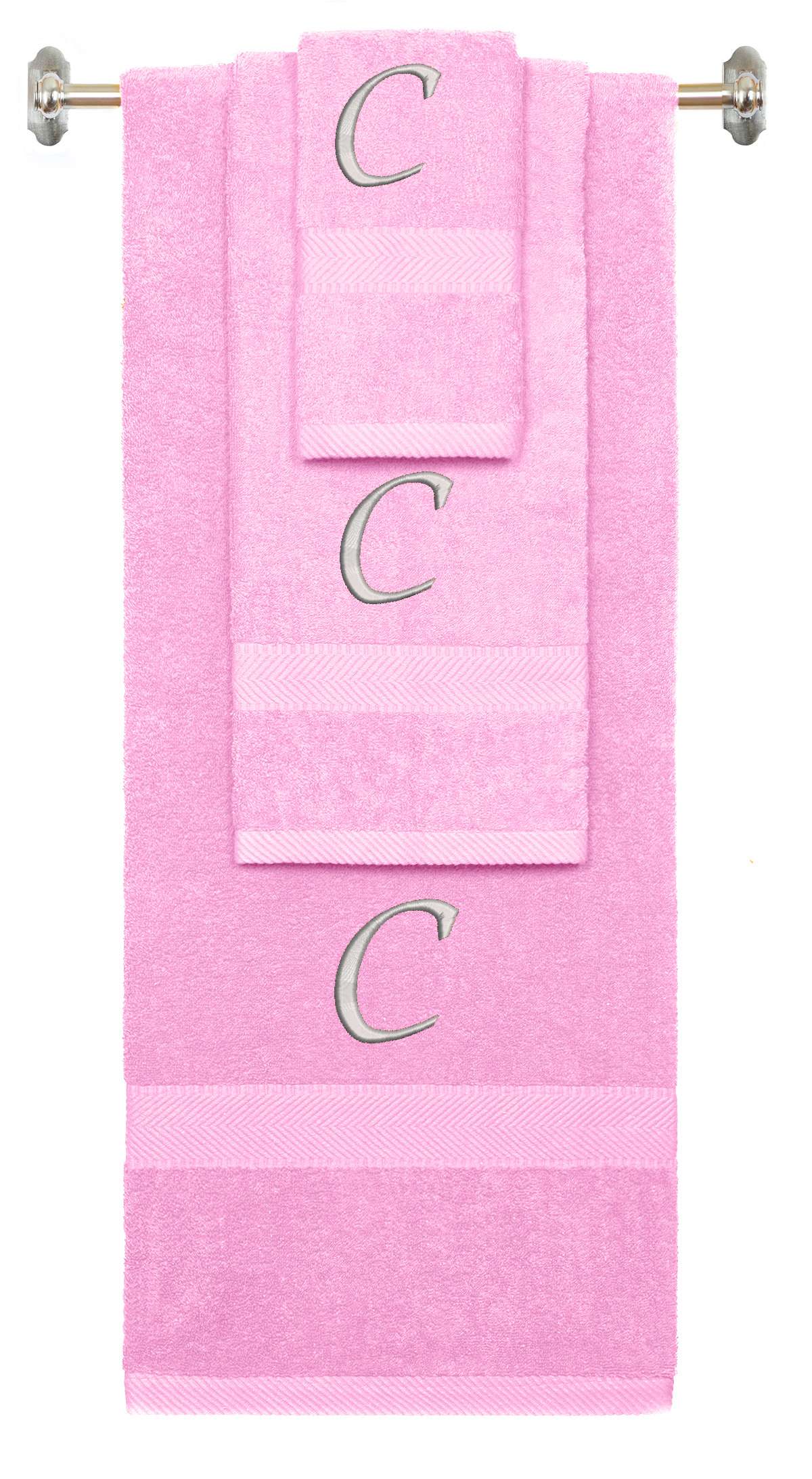 Pink monogrammed towel set with Silver thread, Chancery font, initial C - 540 GSM cotton 3-piece