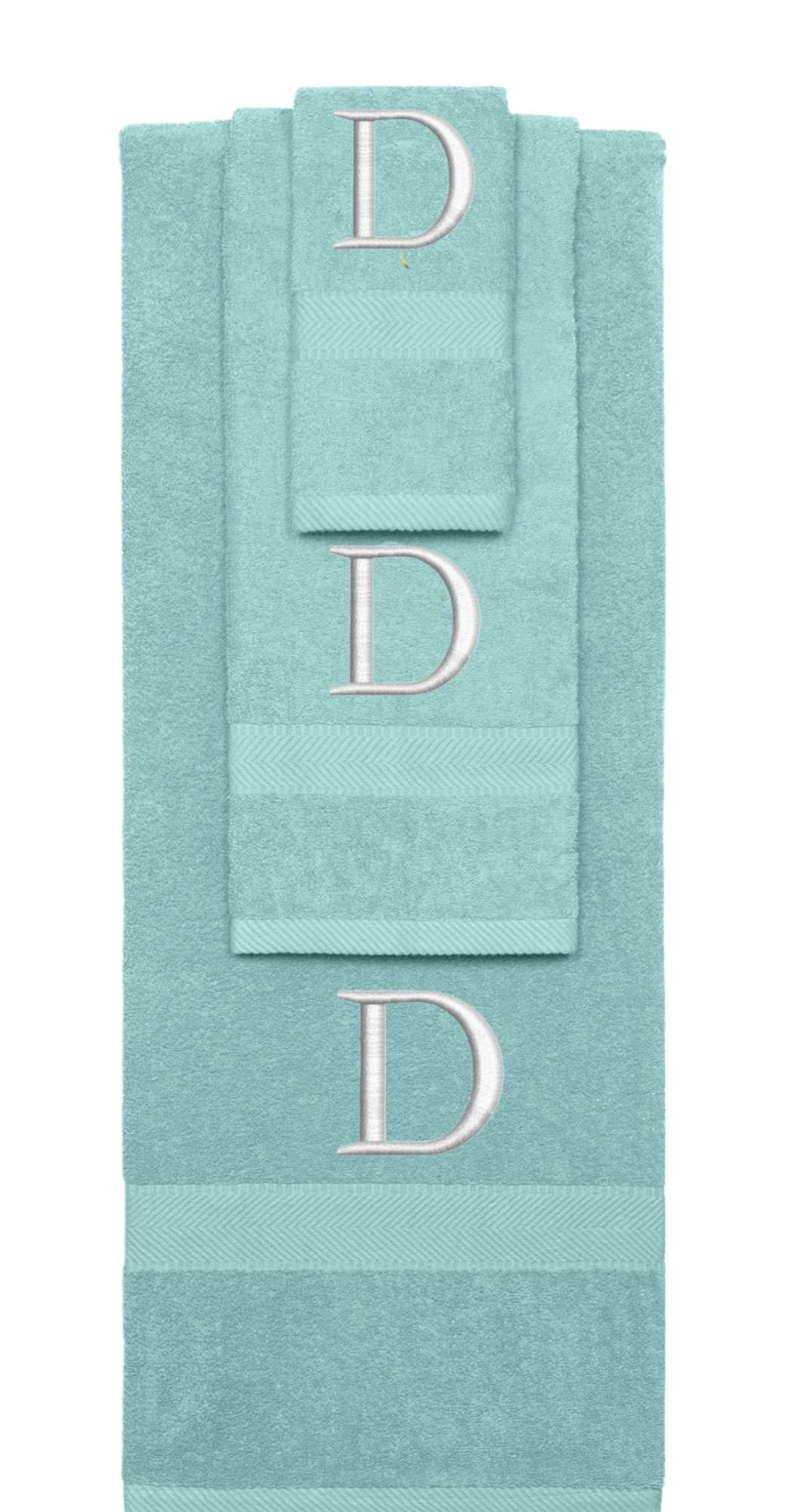 Nautical Teal monogrammed towel set with Silver thread, Times New Roman font, initial D - 540 GSM cotton 3-piece