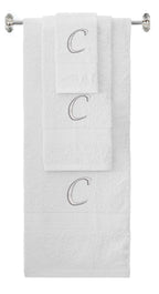 White monogrammed towel set with Silver thread, Chancery font, initial C - 540 GSM cotton 3-piece