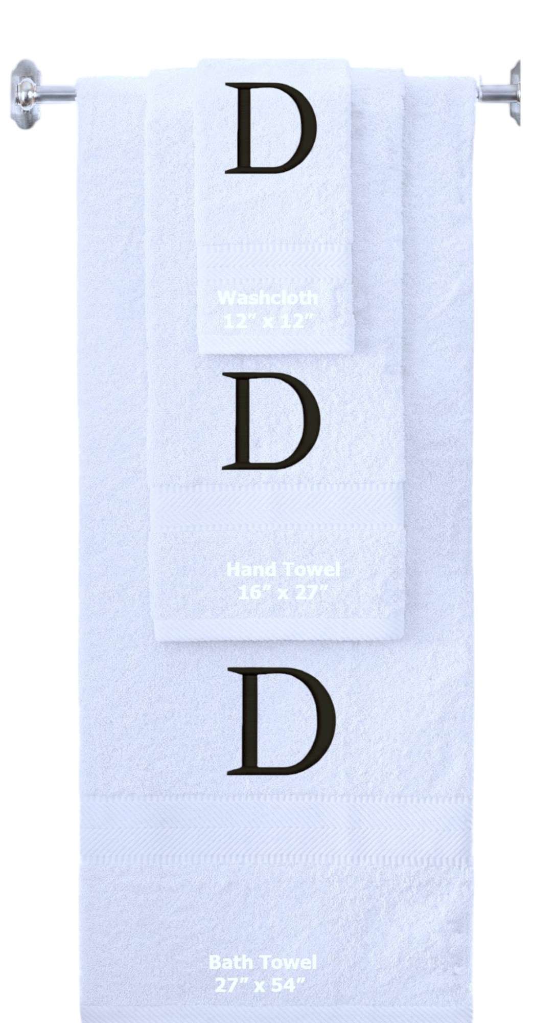 White monogrammed towel set with Black thread, Times New Roman font, initial D - 540 GSM cotton 3-piece