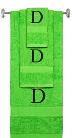 Lime monogrammed towel set with Black thread, Times New Roman font, initial D - 540 GSM cotton 3-piece