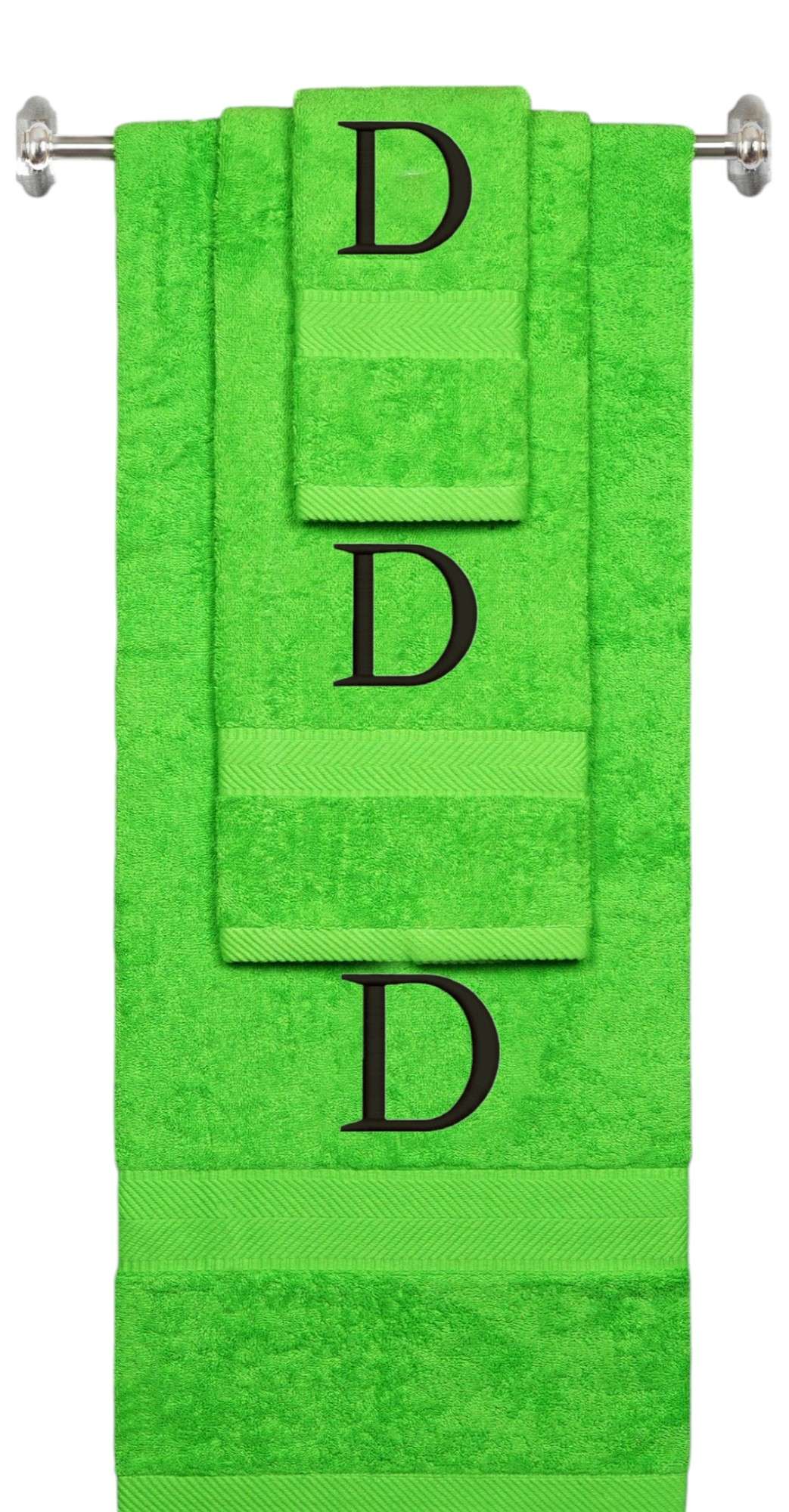 Lime monogrammed towel set with Black thread, Times New Roman font, initial D - 540 GSM cotton 3-piece