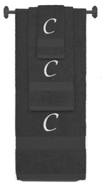 Charcoal monogrammed towel set with Silver thread, Chancery font, initial C - 540 GSM cotton 3-piece