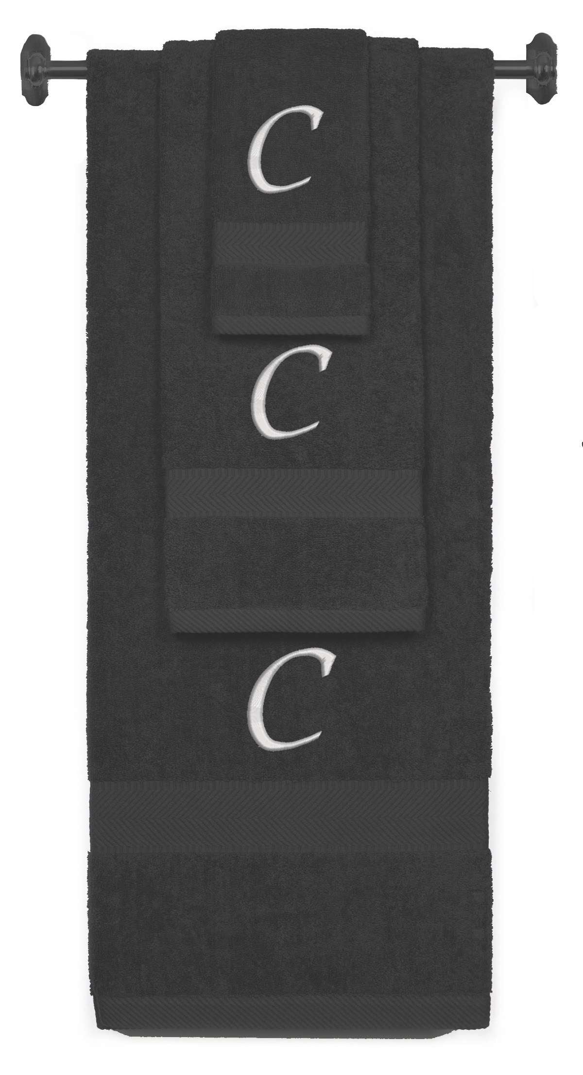 Charcoal monogrammed towel set with Silver thread, Chancery font, initial C - 540 GSM cotton 3-piece