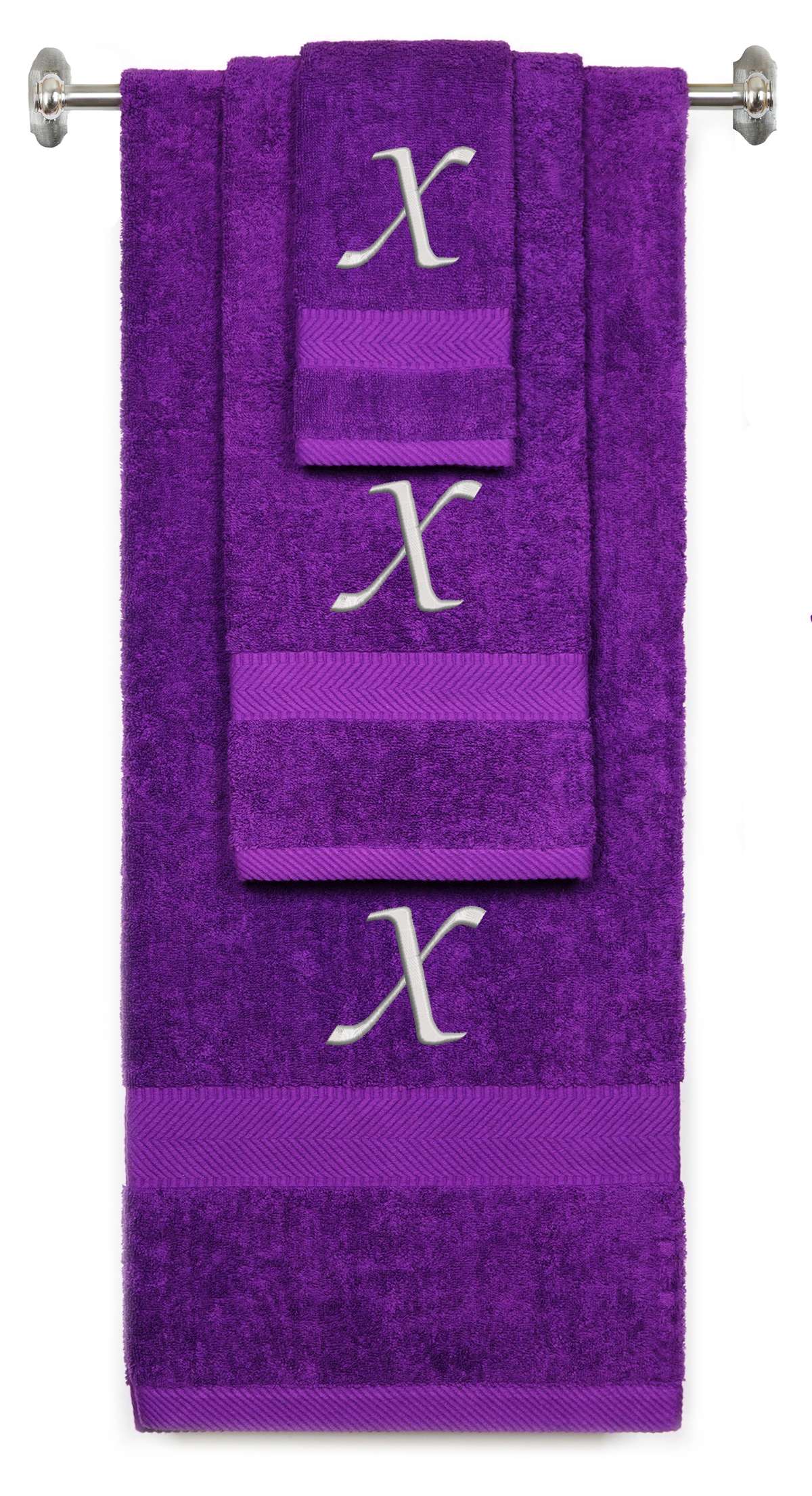 Purple monogrammed towel set with Silver thread, Chancery font, initial X - 540 GSM cotton 3-piece