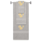 Silver monogrammed towel set with Gold thread, Diana Script font, initial W - 540 GSM cotton 3-piece