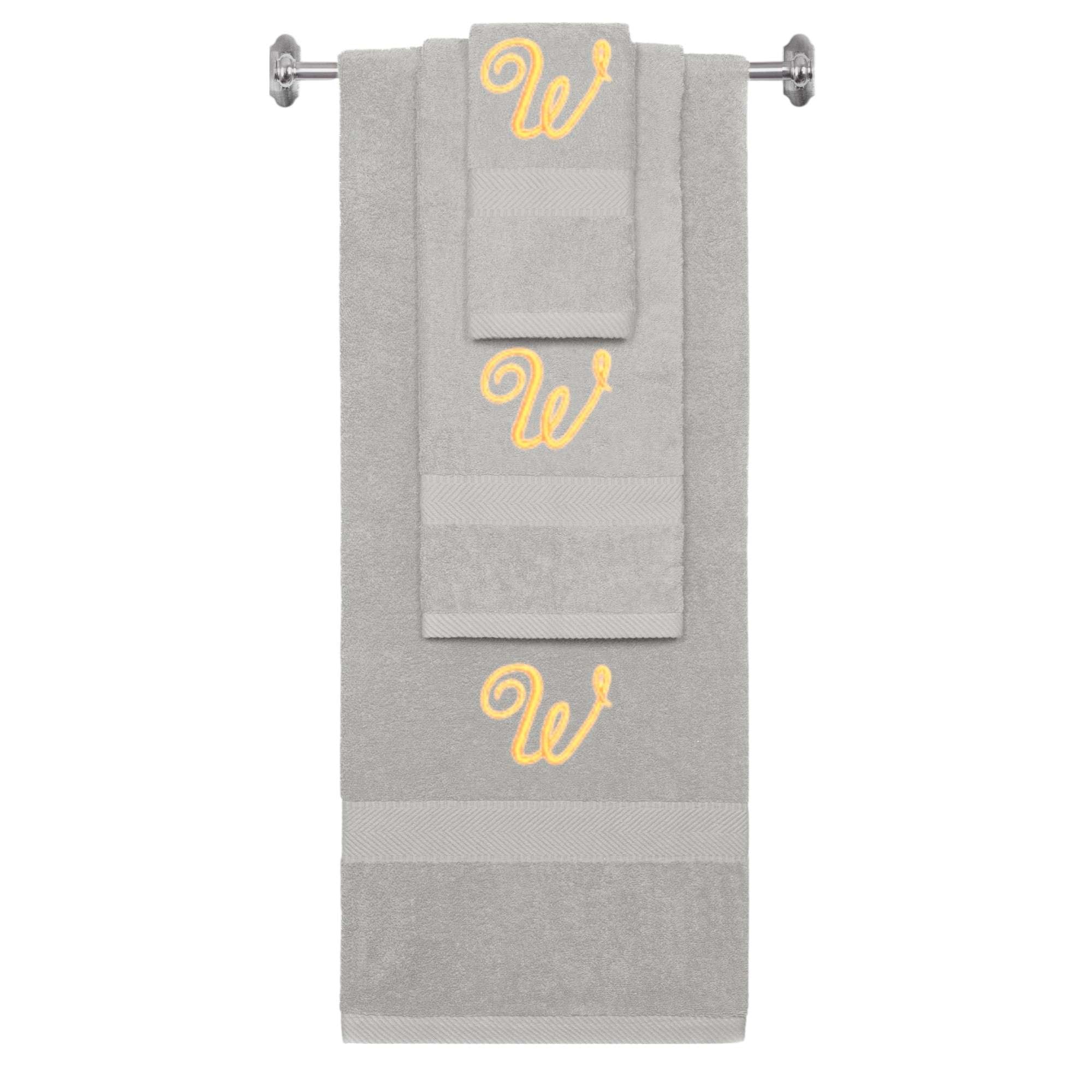 Silver monogrammed towel set with Gold thread, Diana Script font, initial W - 540 GSM cotton 3-piece