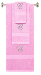 Pink monogrammed towel set with Silver thread, Diana Script font, initial C - 540 GSM cotton 3-piece