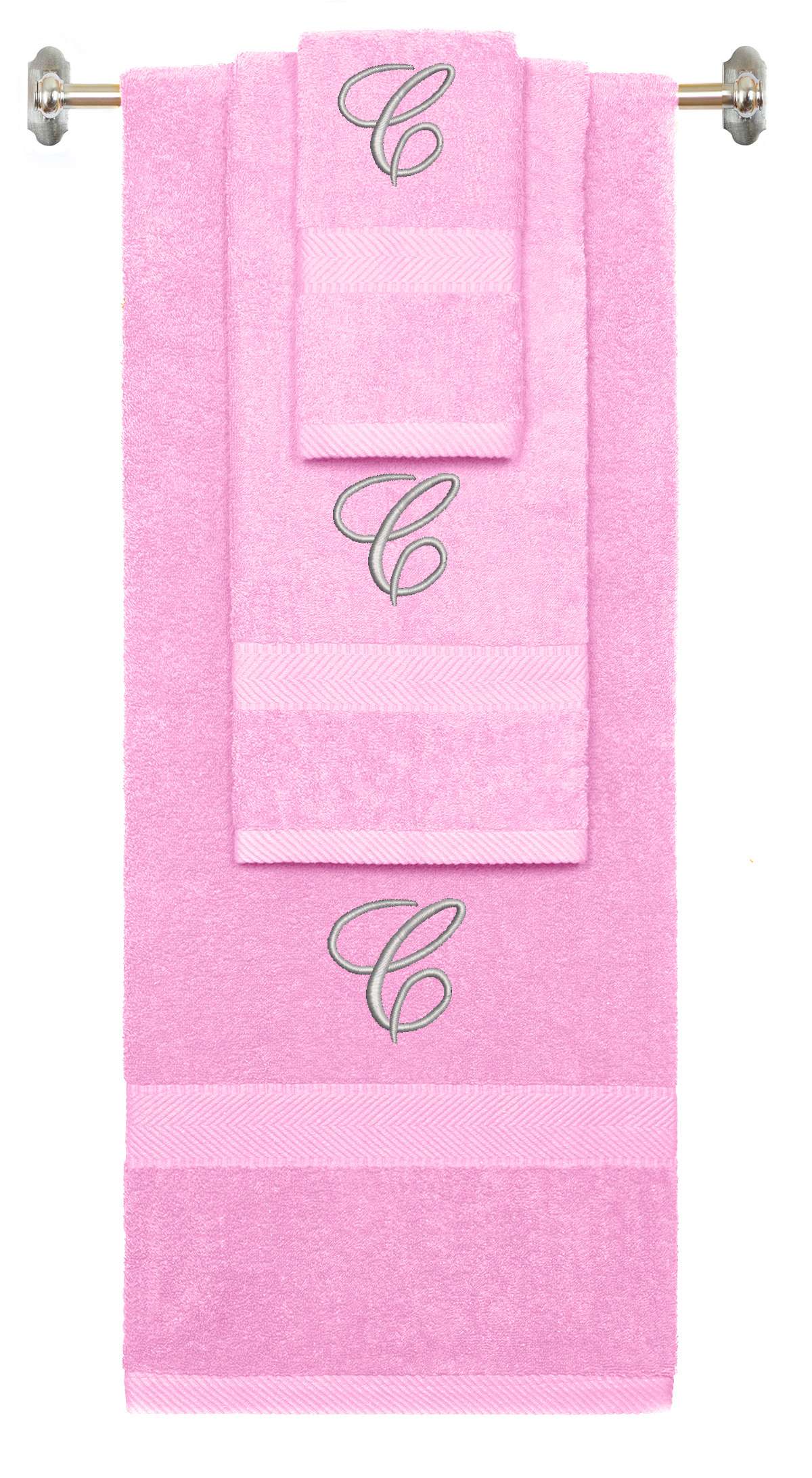 Pink monogrammed towel set with Silver thread, Diana Script font, initial C - 540 GSM cotton 3-piece