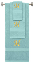 Nautical Teal monogrammed towel set with Gold thread, Chancery font, initial M - 540 GSM cotton 3-piece