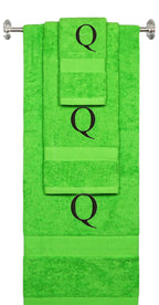 Lime monogrammed towel set with Black thread, Times New Roman font, initial Q - 540 GSM cotton 3-piece