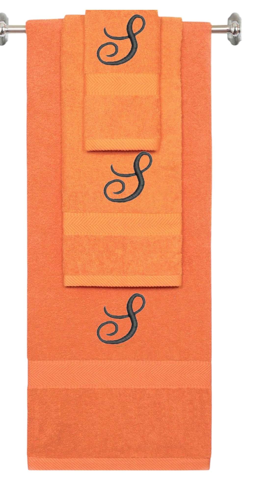 Orange monogrammed towel set with Black thread, Diana Script font, initial S - 540 GSM cotton 3-piece
