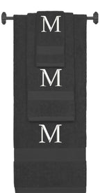 Charcoal monogrammed towel set with White thread, Times New Roman font, initial M - 540 GSM cotton 3-piece
