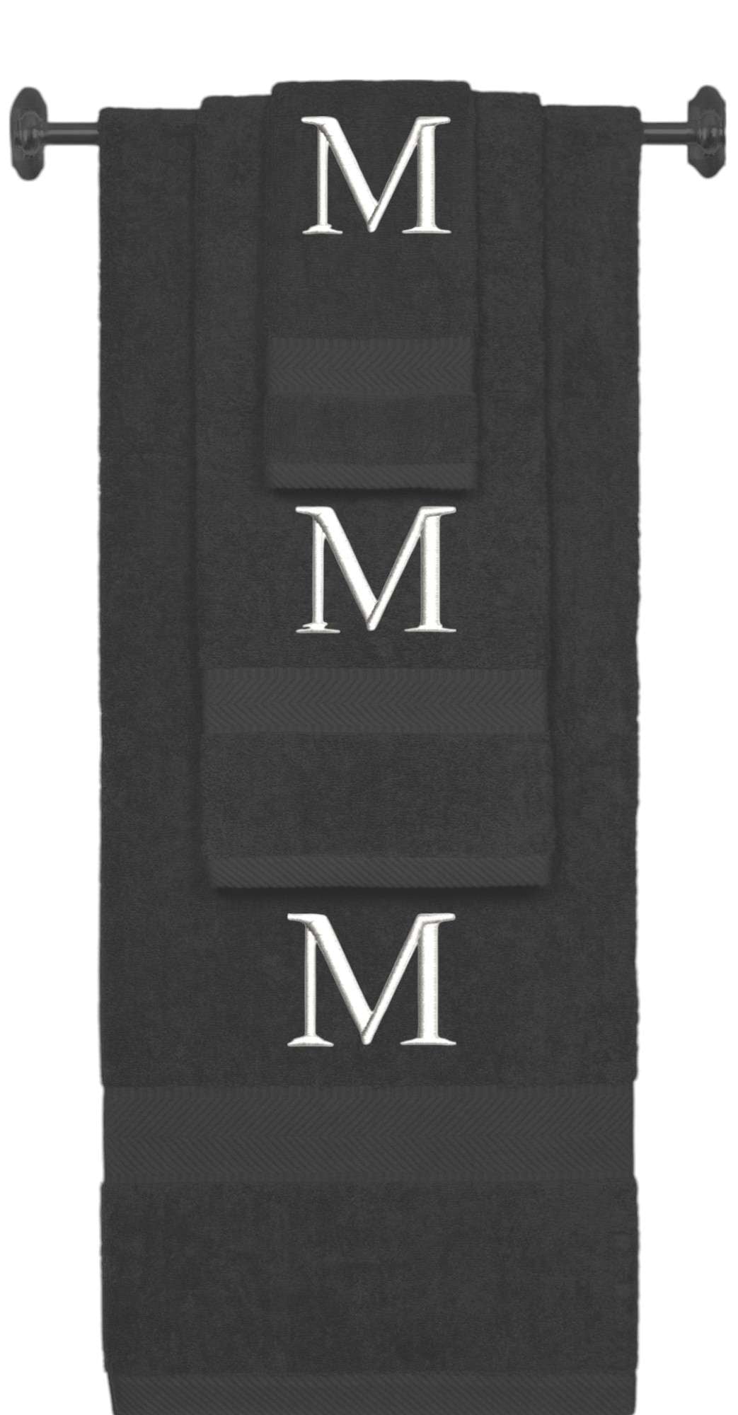 Charcoal monogrammed towel set with White thread, Times New Roman font, initial M - 540 GSM cotton 3-piece