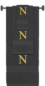 Charcoal monogrammed towel set with Gold thread, Times New Roman font, initial N - 540 GSM cotton 3-piece