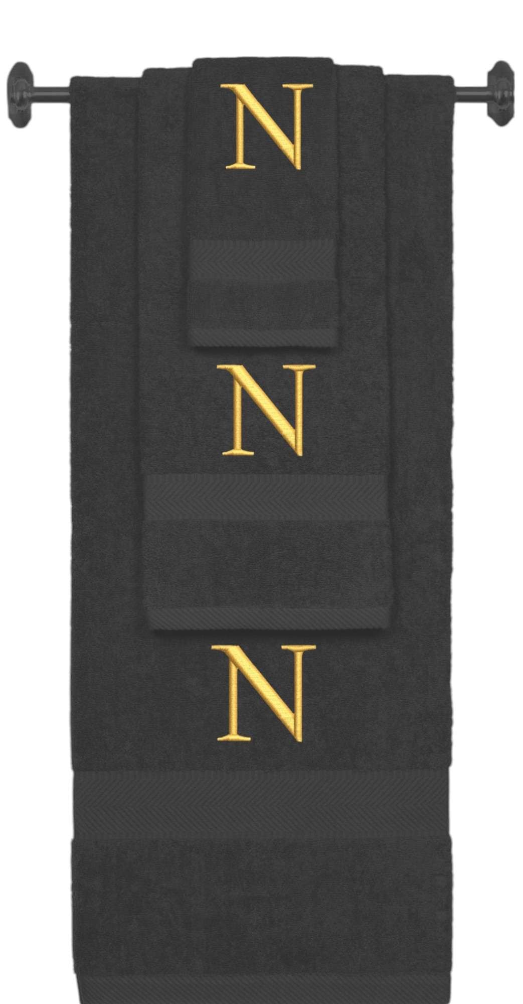 Charcoal monogrammed towel set with Gold thread, Times New Roman font, initial N - 540 GSM cotton 3-piece