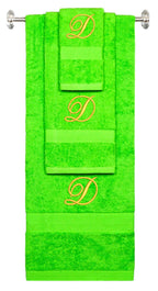 Lime monogrammed towel set with Gold thread, Diana Script font, initial D - 540 GSM cotton 3-piece