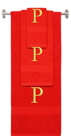 Red monogrammed towel set with Gold thread, Times New Roman font, initial P - 540 GSM cotton 3-piece