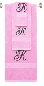 Pink monogrammed towel set with Black thread, Diana Script font, initial K - 540 GSM cotton 3-piece