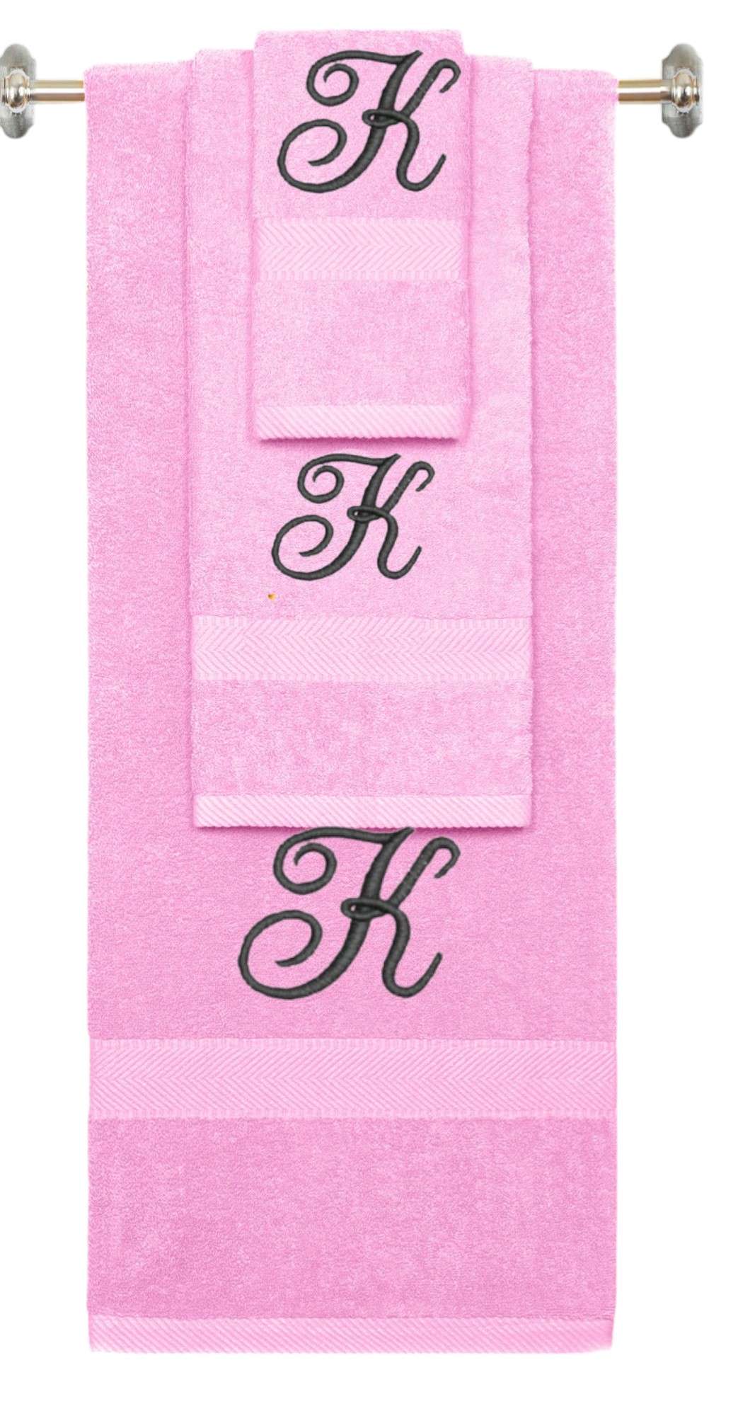 Pink monogrammed towel set with Black thread, Diana Script font, initial K - 540 GSM cotton 3-piece