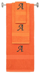 Orange monogrammed towel set with Black thread, Chancery font, initial A - 540 GSM cotton 3-piece