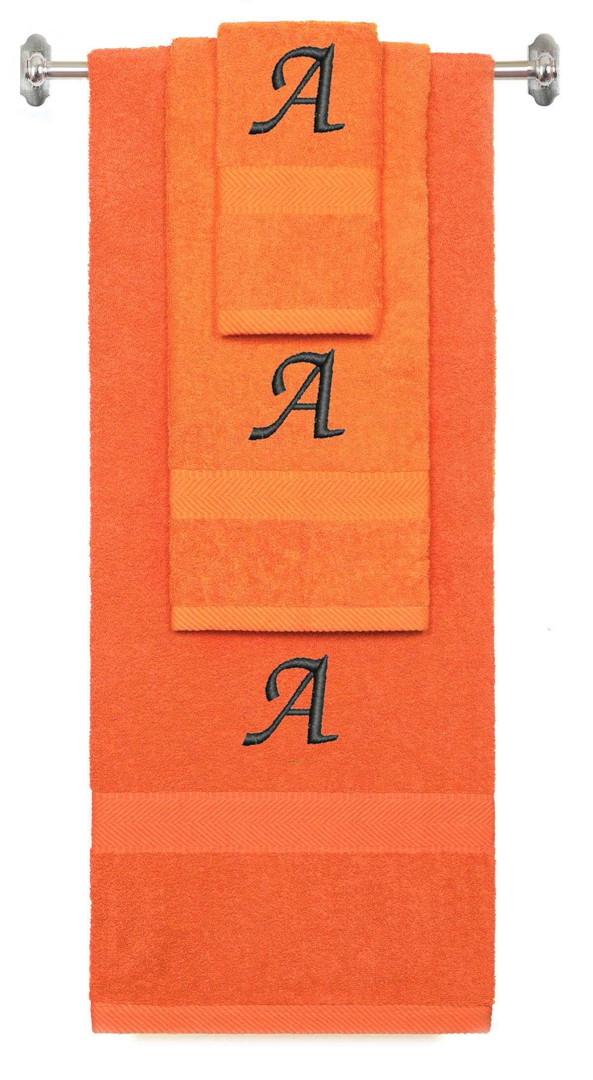 Orange monogrammed towel set with Black thread, Chancery font, initial A - 540 GSM cotton 3-piece