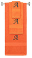 Orange monogrammed towel set with Black thread, Chancery font, initial A - 540 GSM cotton 3-piece