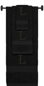 Black monogrammed towel set with Black thread, Times New Roman font, initial L - 540 GSM cotton 3-piece
