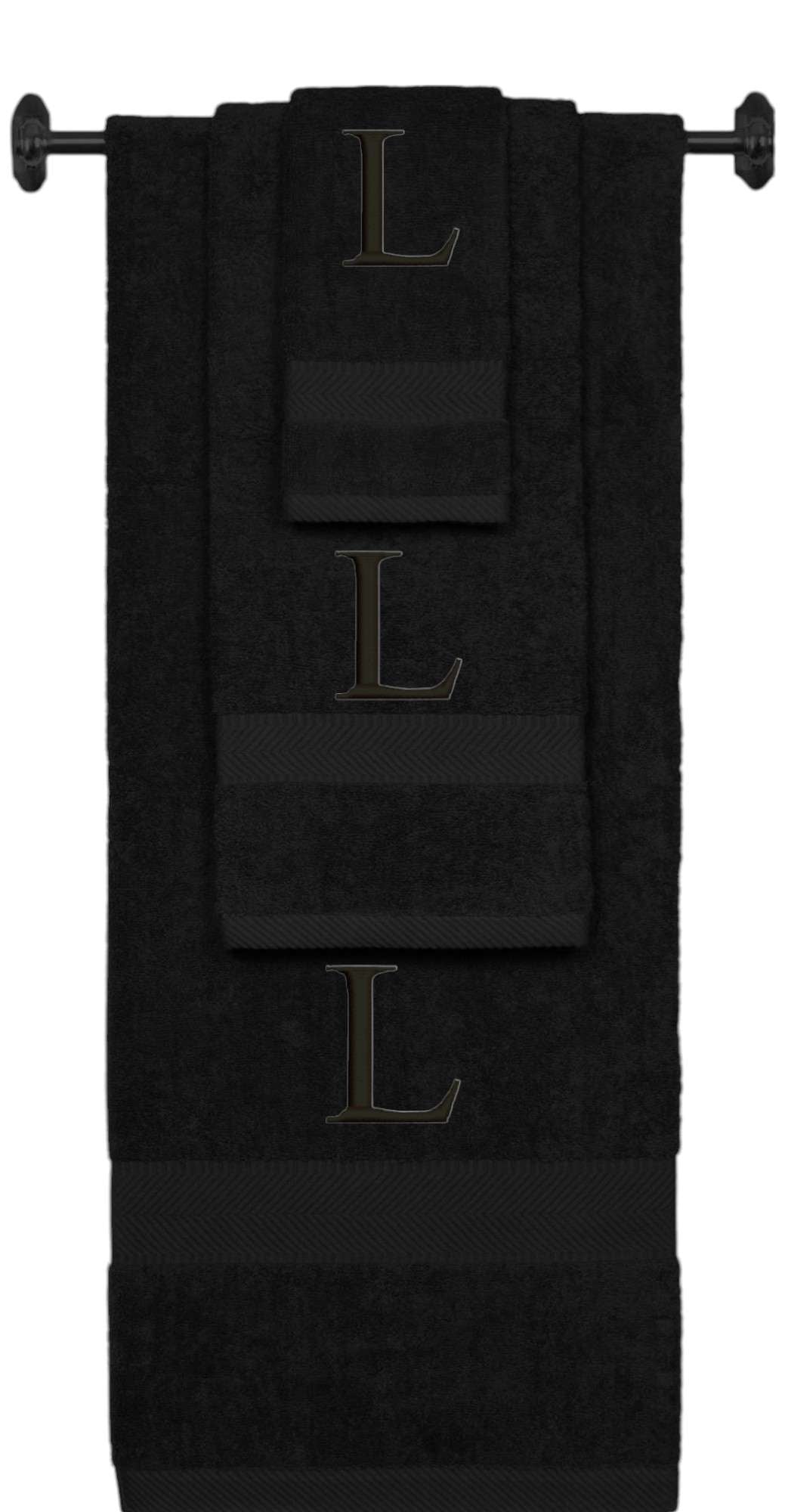 Black monogrammed towel set with Black thread, Times New Roman font, initial L - 540 GSM cotton 3-piece