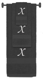 Charcoal monogrammed towel set with Silver thread, Chancery font, initial X - 540 GSM cotton 3-piece