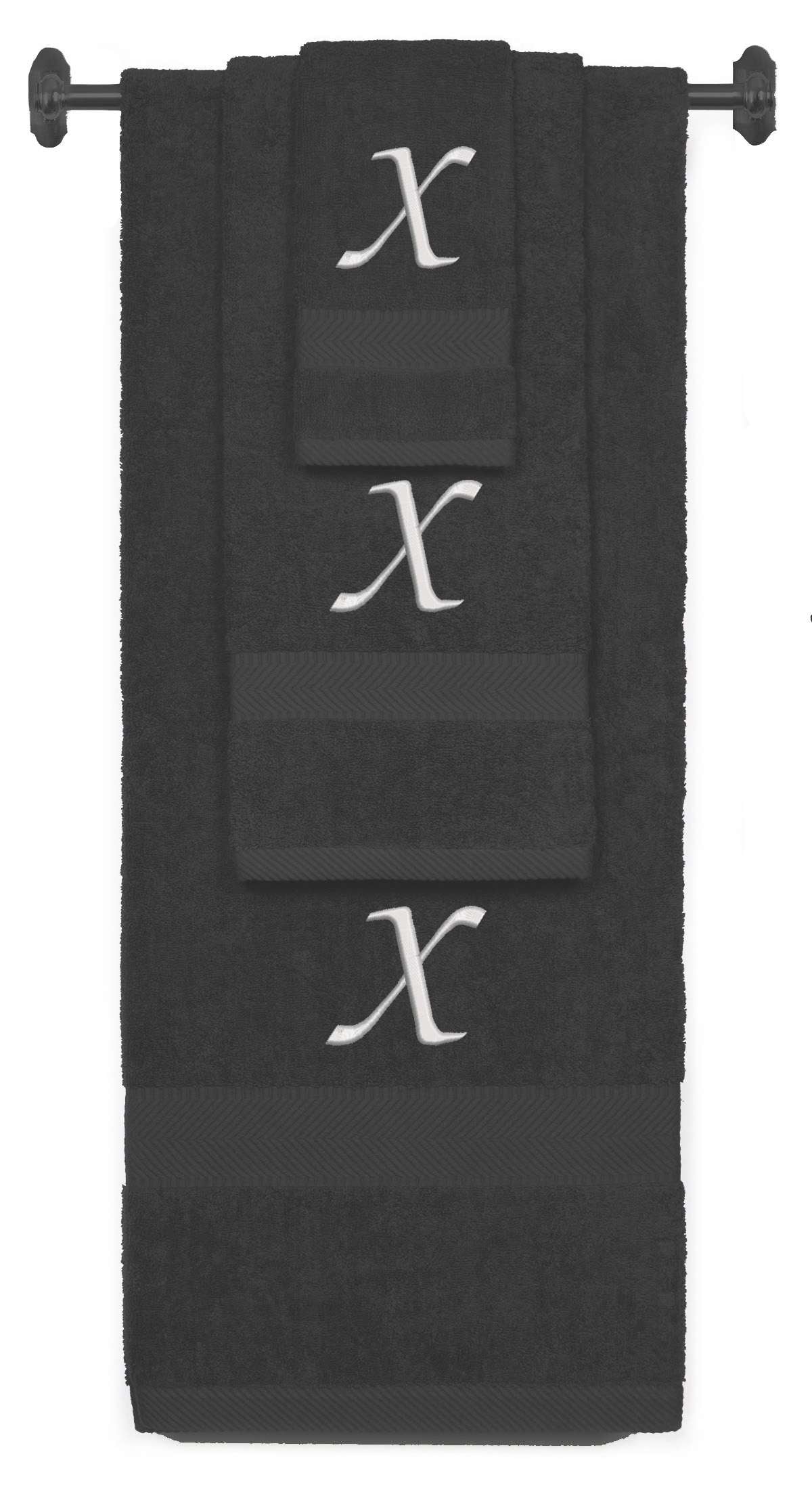 Charcoal monogrammed towel set with Silver thread, Chancery font, initial X - 540 GSM cotton 3-piece