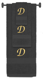 Charcoal monogrammed towel set with Gold thread, Chancery font, initial D - 540 GSM cotton 3-piece