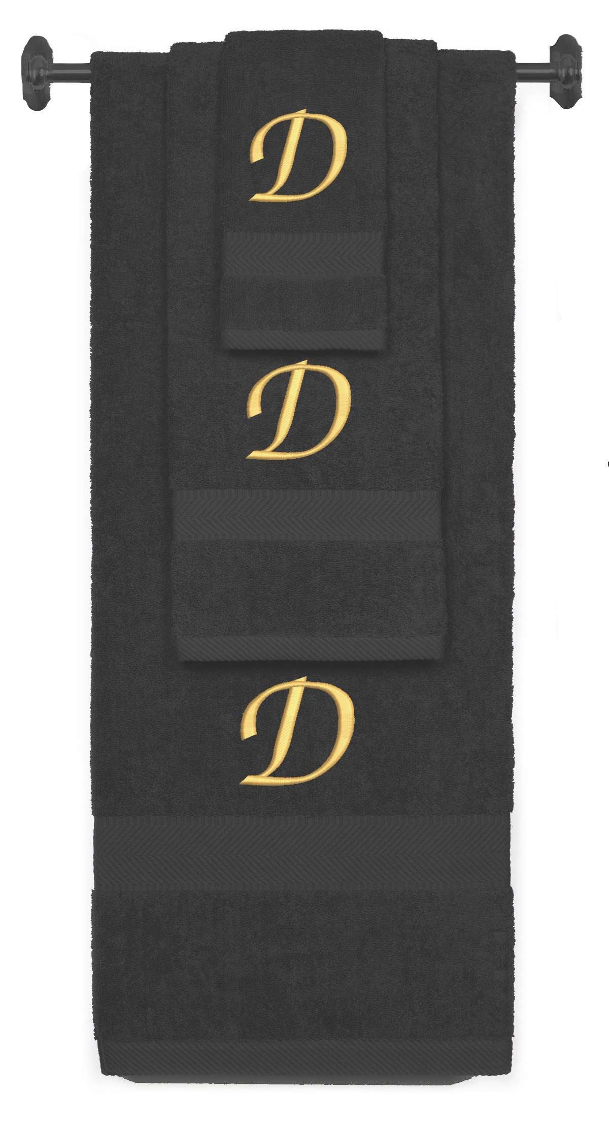 Charcoal monogrammed towel set with Gold thread, Chancery font, initial D - 540 GSM cotton 3-piece