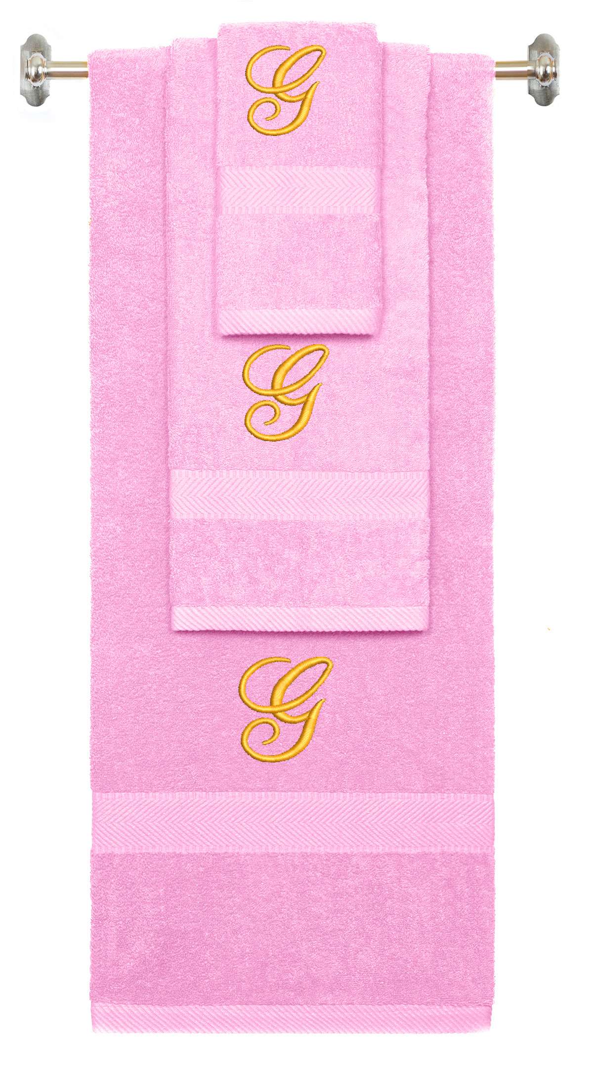 Pink monogrammed towel set with Gold thread, Diana Script font, initial G - 540 GSM cotton 3-piece